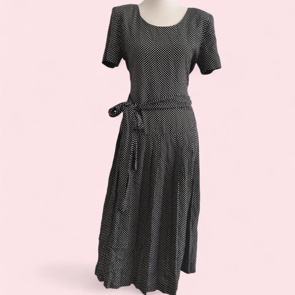 Vintage Talbots Black & White Polka Dot Drop Waist Midi Dress — Size 8